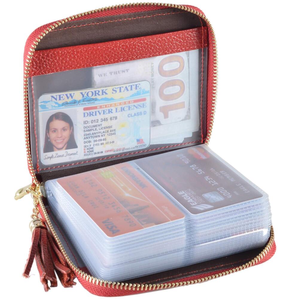 6268 Credit Card Holder Wallet Zip Leather Card Case RFID Blocking Red